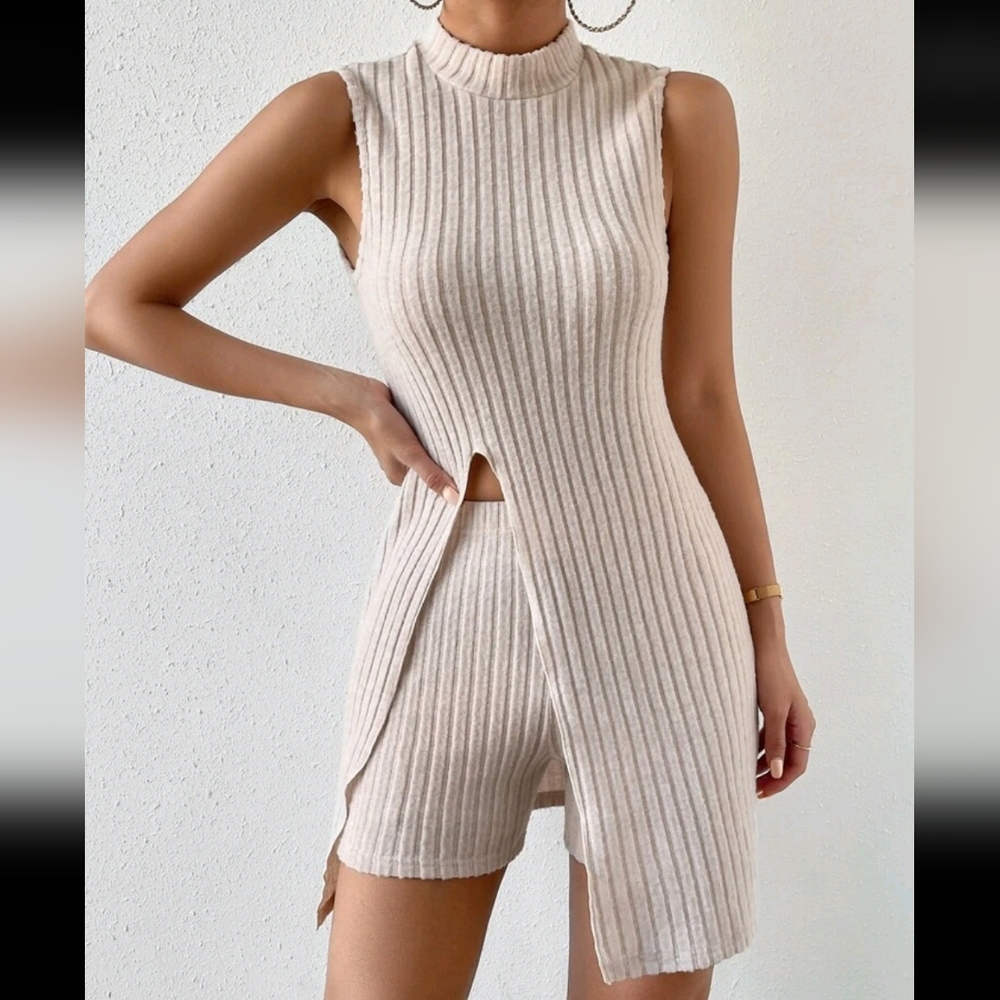 SHEIN Beige Ribbed Knit Mini Dress